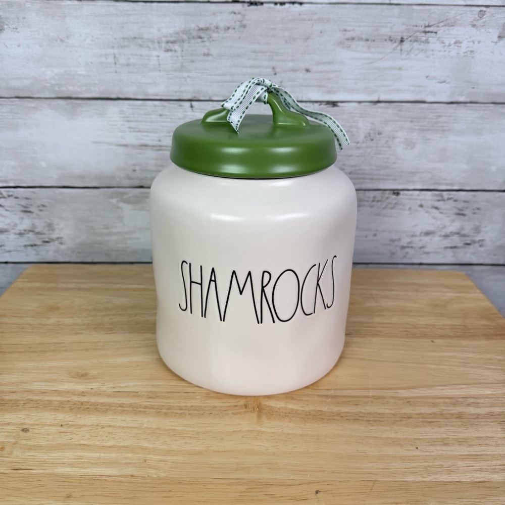 Rae Dunn Shamrocks Canister Matte White & Green